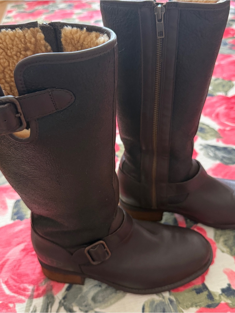 UGG Women's Tall Brown Leather Heeled Boots with Shearling Trim
